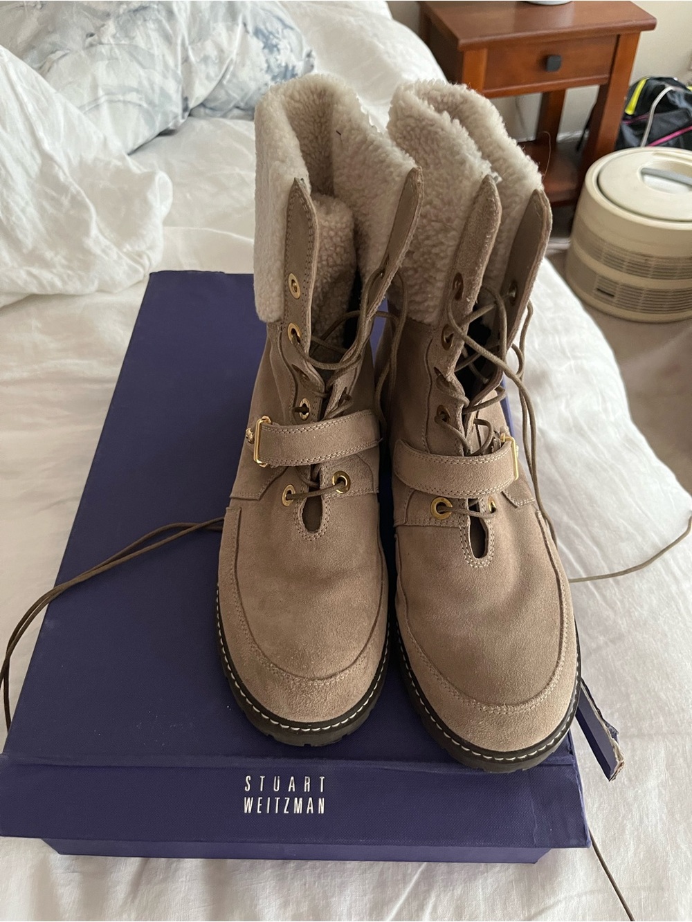 Stuart Weitzman Taupe Suede Shearling-Lined Lace-Up Boots
